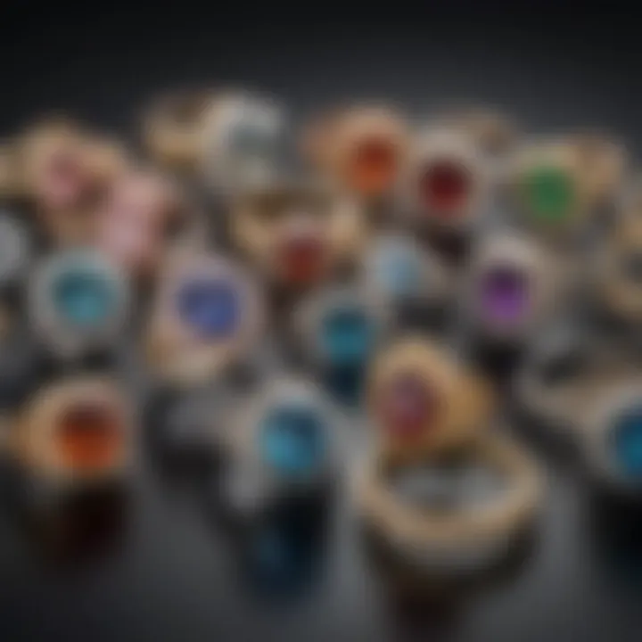 An assortment of rings showcasing different styles and sizes on a velvet background