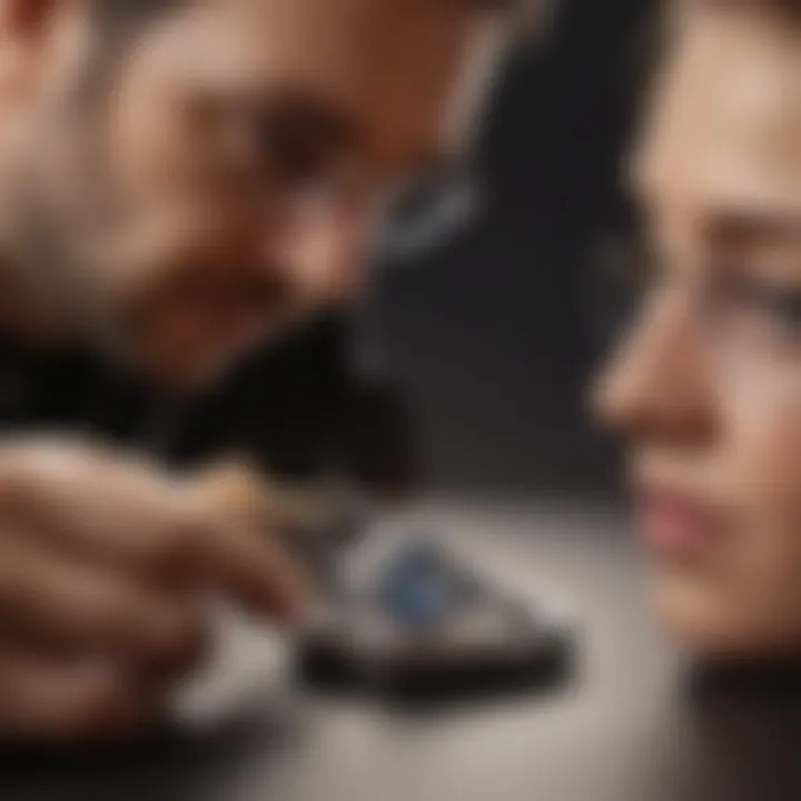 A jeweler accurately measuring a ring size using a specialized tool