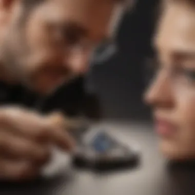 Jeweler Using Tool for Accurate Ring Measurement A jeweler accurately measuring a ring size using a specialized tool