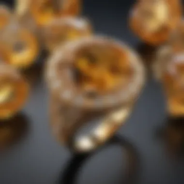 Citrine quartz displayed with various jewelry pieces, illustrating its commercial appeal and versatility.