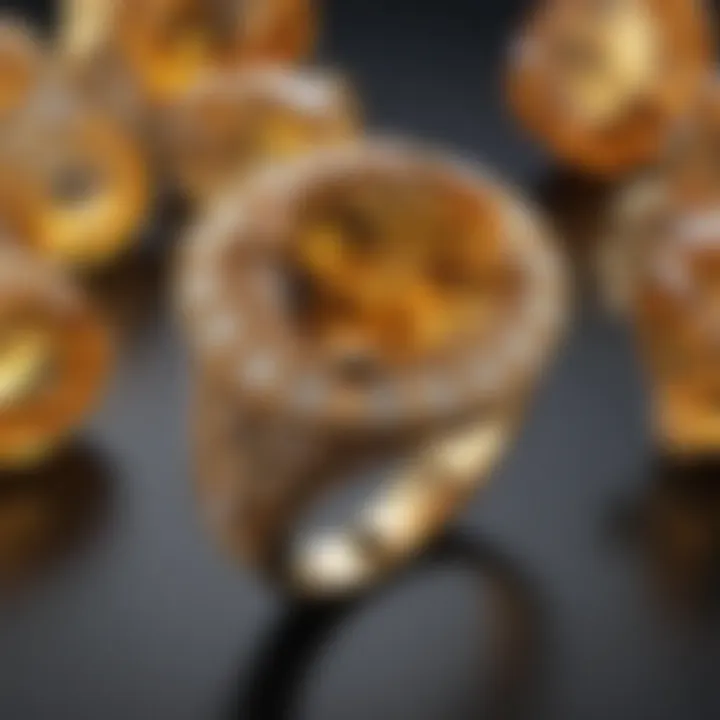 Citrine quartz displayed with various jewelry pieces, illustrating its commercial appeal and versatility.