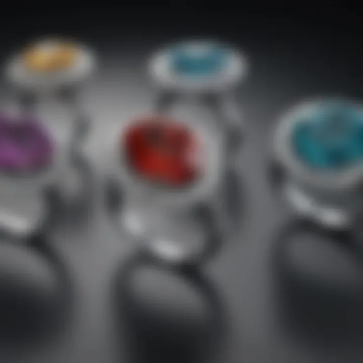 An elegant display of different gemstone engagement rings highlighting styles and colors