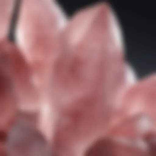 Close-up view of rose quartz crystals highlighting their unique pink hues and translucency.