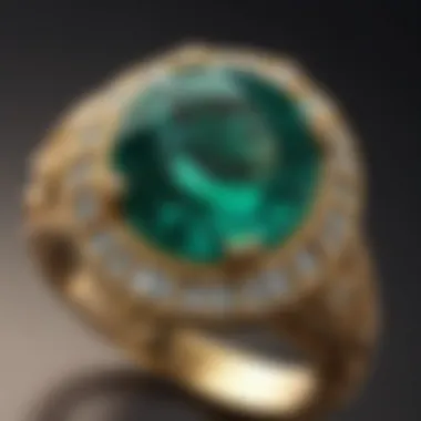 A close-up of a vibrant emerald set in a gold ring