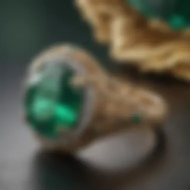 An elegant emerald ring displayed on a velvet surface