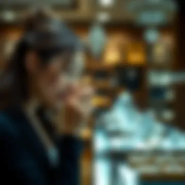 A thoughtful shopper exploring wedding rings in a boutique