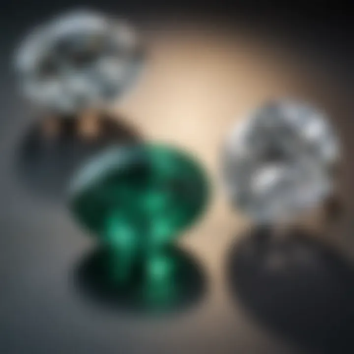 Comparison of an oval diamond and an emerald placed side by side