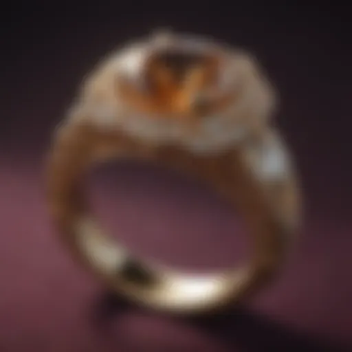 A close-up view of an oversized engagement ring on a velvet surface, showcasing its intricate design.