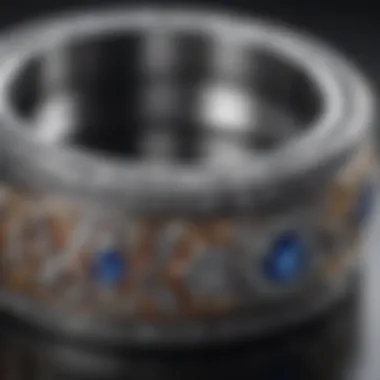 A close-up of an intricate band featuring unique patterns and textures without a central gemstone.