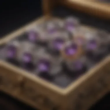 Aesthetic display of various amethyst wedding rings in a jewelry box