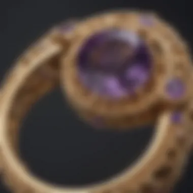 Close-up of an intricately designed amethyst ring set in gold