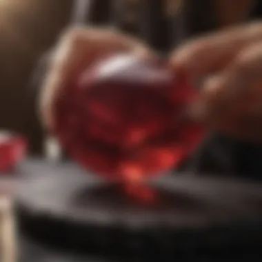 A close-up view of a ruby being polished, emphasizing care techniques