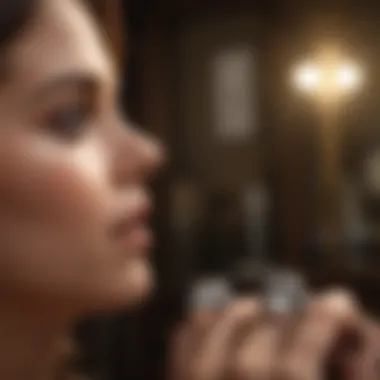 A buyer examining consignment diamond rings in a boutique setting.