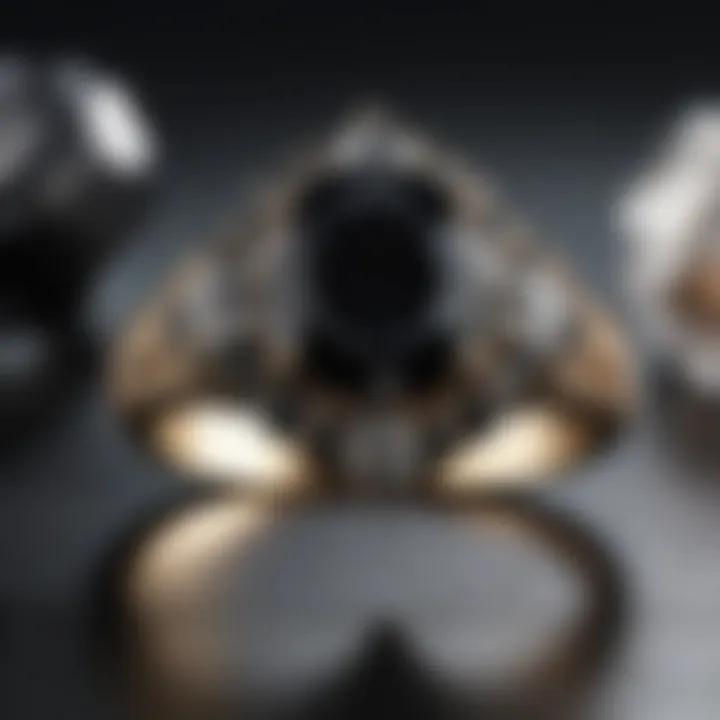 A beautifully styled image of a black diamond ring alongside care products