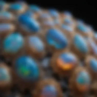 A close-up of various opal gemstones highlighting their unique patterns and hues