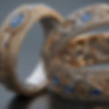 Close-up of intricately designed wedding bands