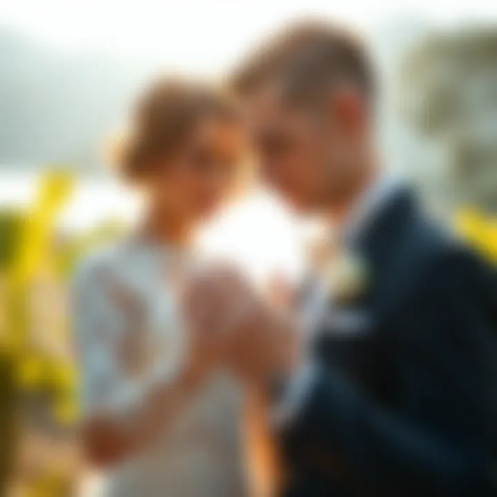 Couple admiring their cubic zirconia wedding rings in a serene setting.