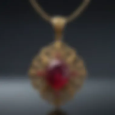 An intricately designed ruby pendant set in gold, highlighting craftsmanship