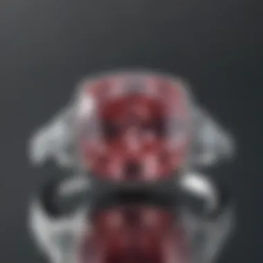 Artistic display of a pink diamond cushion cut ring