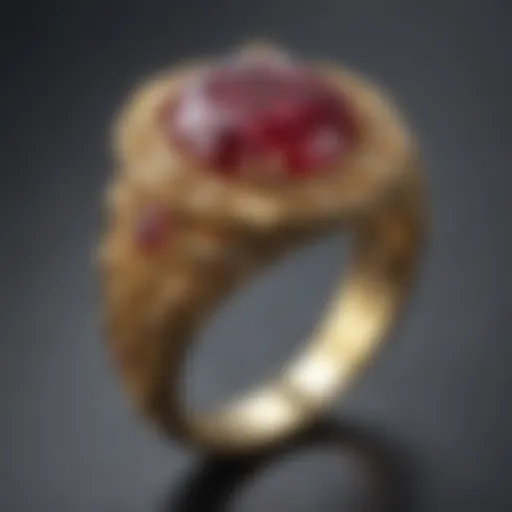 Close-up of a brilliant red ruby set in an ornate gold ring