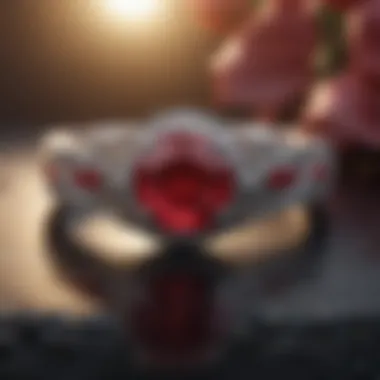 An elegant wedding ring with intricate design featuring a ruby