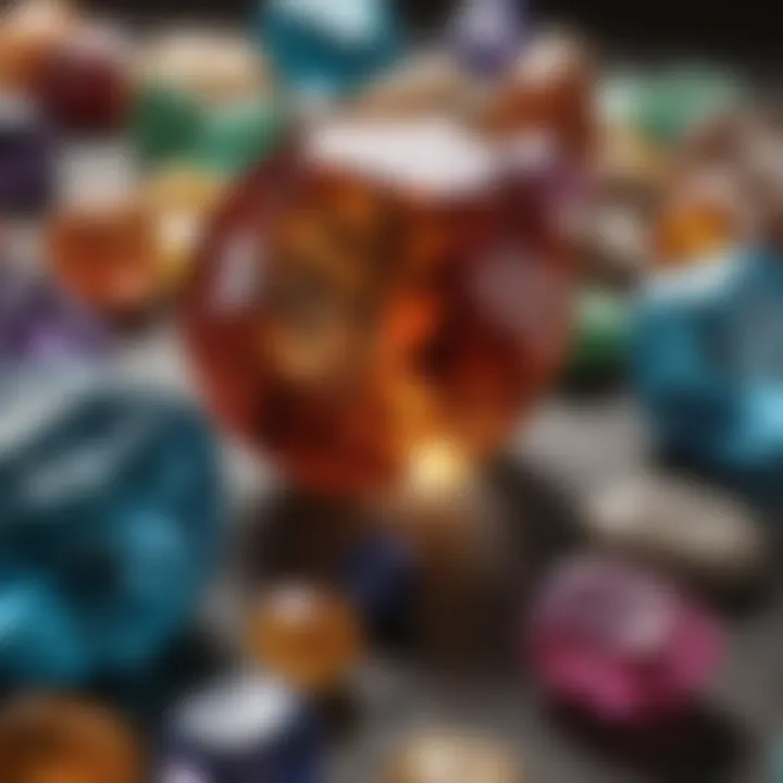 Close-up of a rough gemstone surrounded by various polished gemstones, highlighting the transformation from raw to refined.