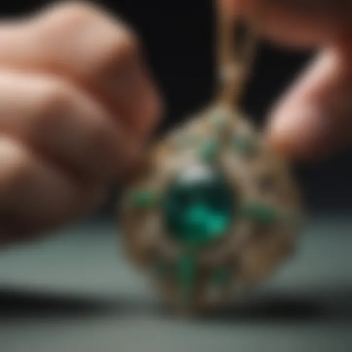 A beautiful emerald necklace being cared for with proper maintenance tools