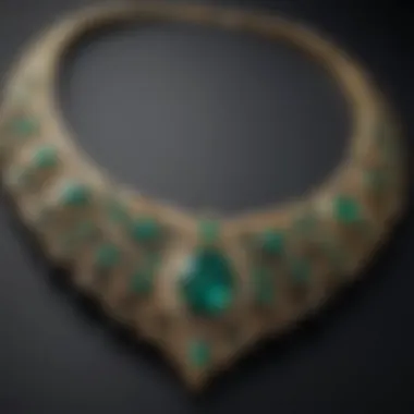 A close-up view of a stunning emerald necklace with intricate designs