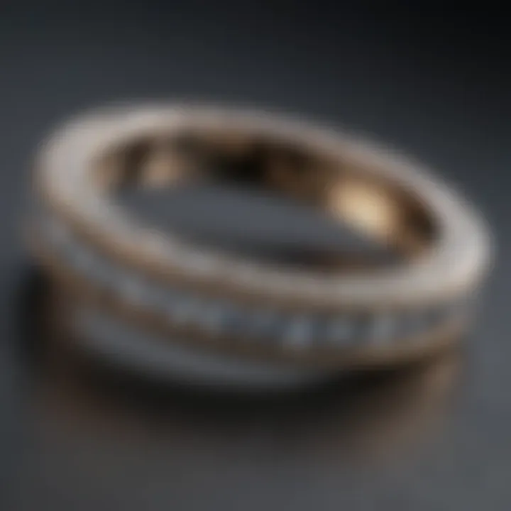 Close-up view of the craftsmanship in a thin pave wedding band