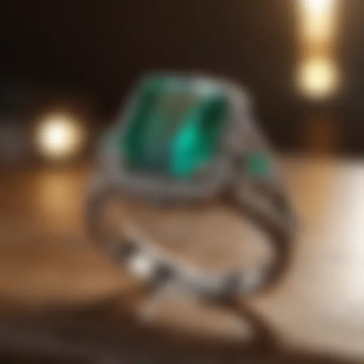 A radiant emerald engagement ring on a rustic wooden table.