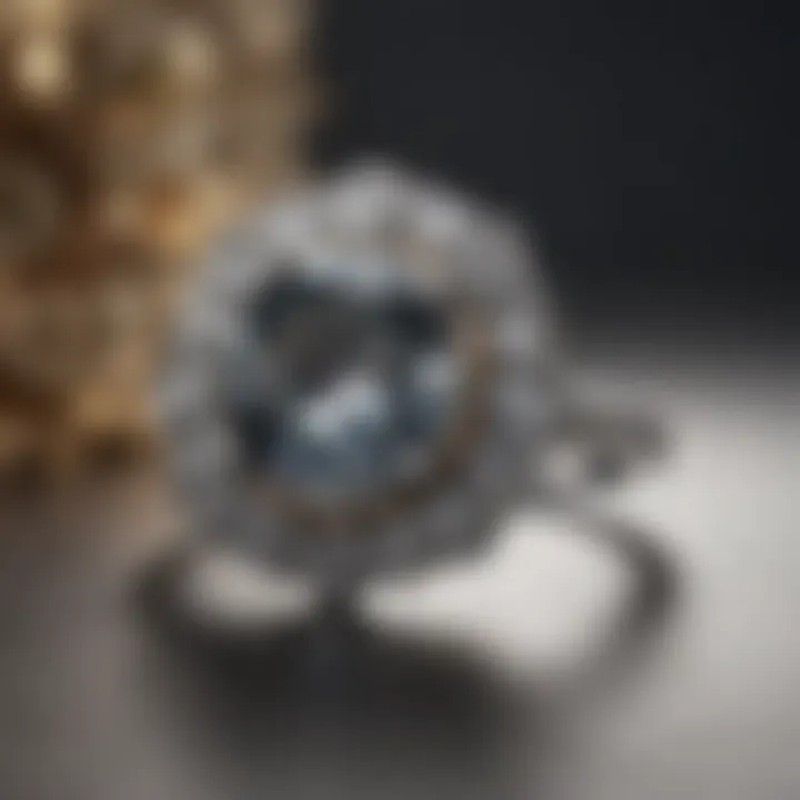 A luxurious halo engagement ring surrounded by smaller diamonds, symbolizing elegance