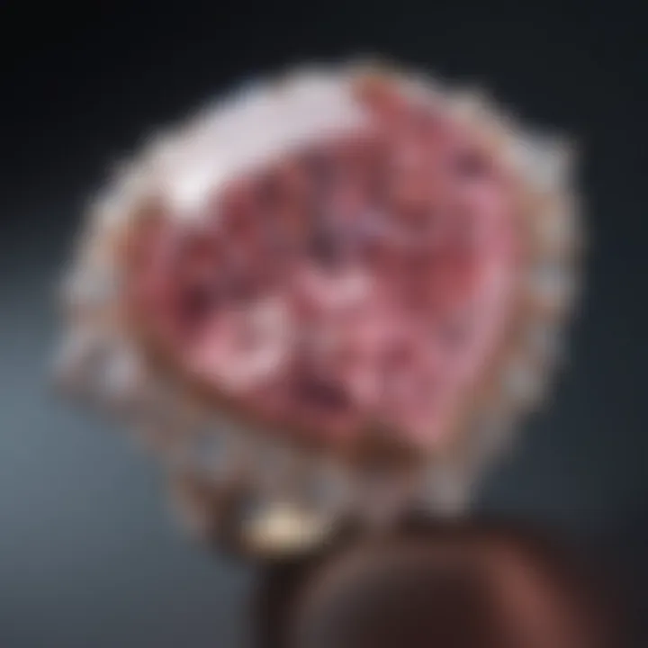 Close-up of a sparkling pink diamond in a jewelry setting