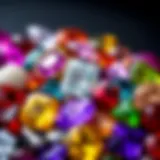 A close-up view of various imitation gemstones showcasing their vibrant colors and clarity.