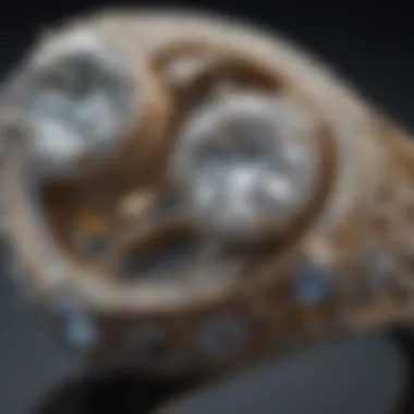 Close-up of intricate craftsmanship on a vintage two stone engagement ring