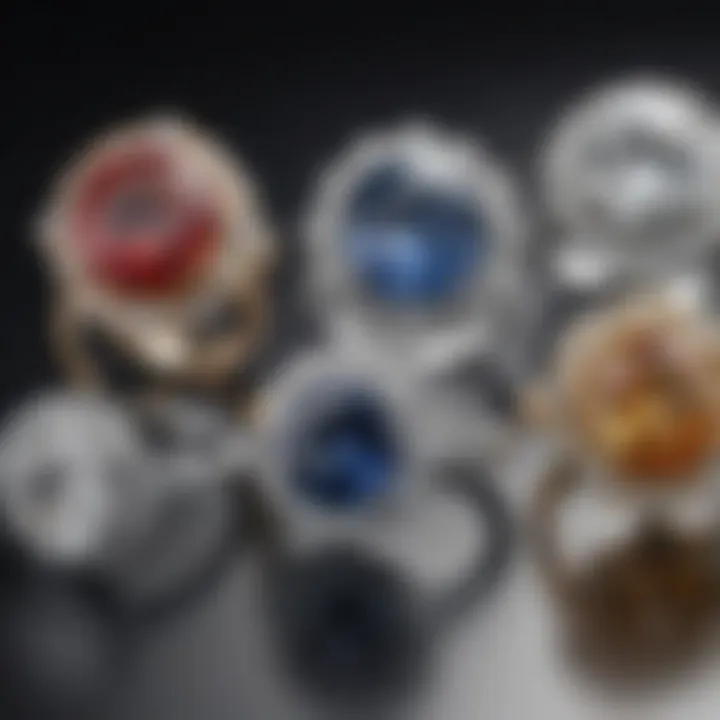 Diverse styles of four carat halo engagement rings displayed together