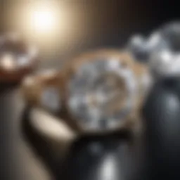 A close-up view of a sparkling diamond ring on a velvet surface