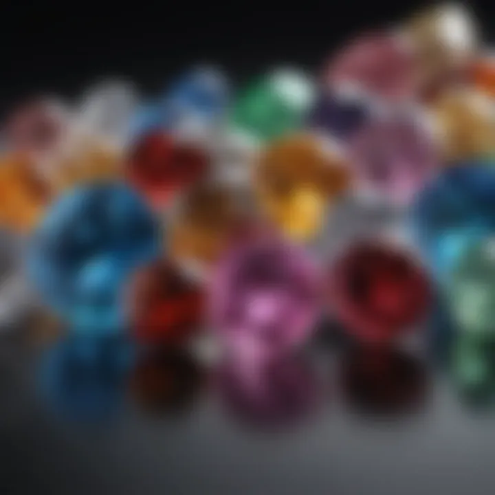 A close-up view of various gemstones with distinct colors and textures.