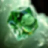 A close-up view of a light green crystal showcasing its unique facets.