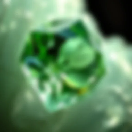 A close-up view of a light green crystal showcasing its unique facets.