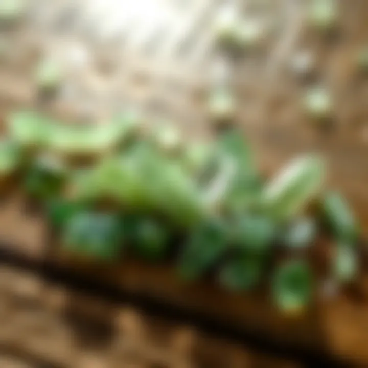 An arrangement of various light green crystals on a natural wooden surface.