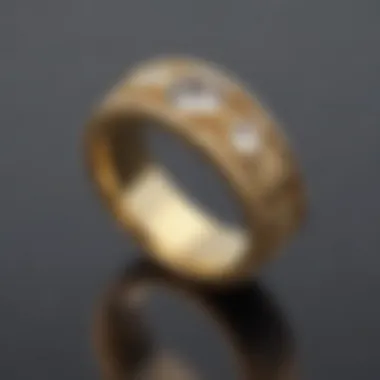 A close-up view of a polished gold wedding ring reflecting light.