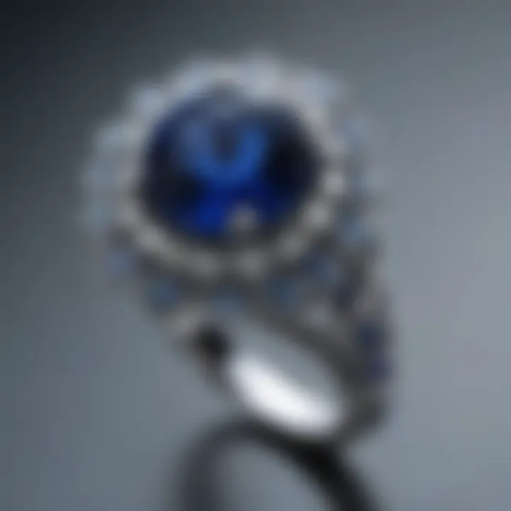 A close-up of a sapphire engagement ring highlighting its vibrant color