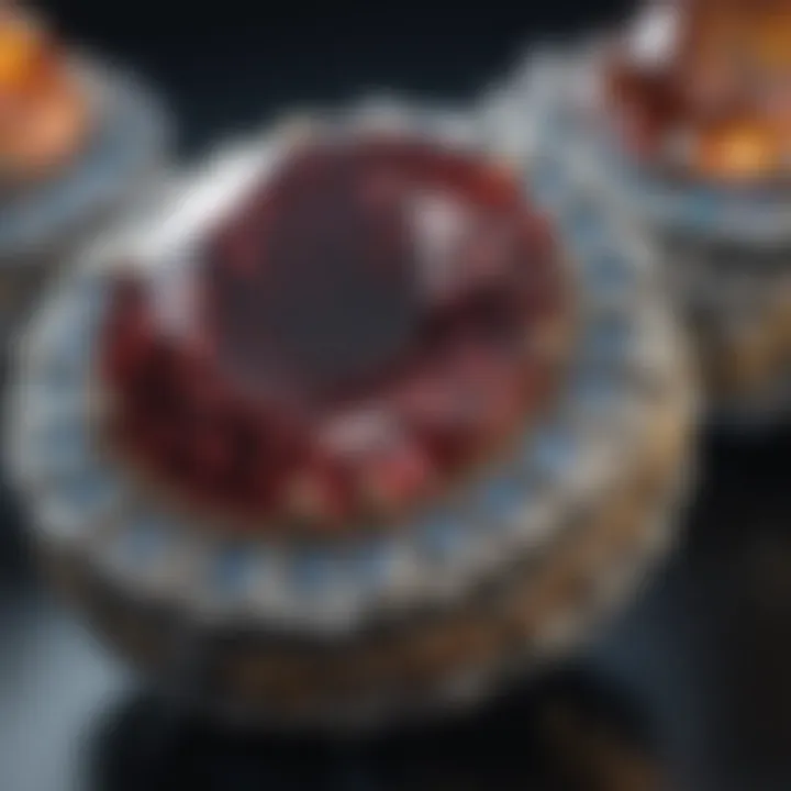 Close-up view of intricate gemstone settings