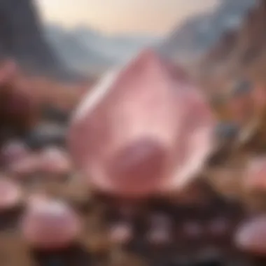 A serene landscape featuring rose quartz formations, symbolizing healing and emotional well-being.