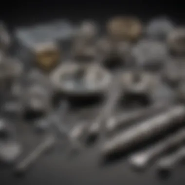 Selection of high-quality silver pieces ready for diamond settings with tools displayed