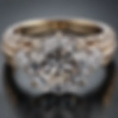 A close-up of a sparkling diamond ring on a reflective surface