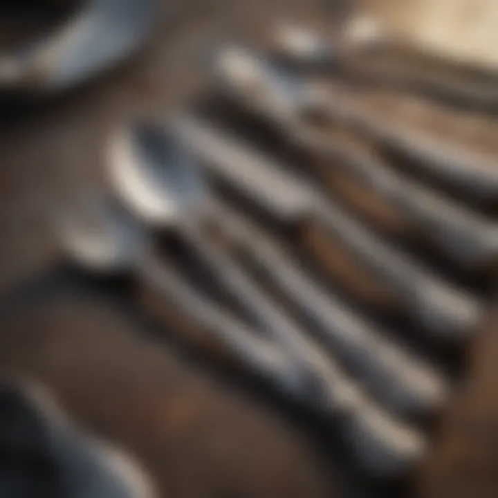 A close-up view of tarnished silverware showing signs of oxidation