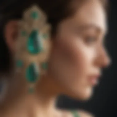 Close-up view of luxurious emerald earrings showcasing intricate craftsmanship