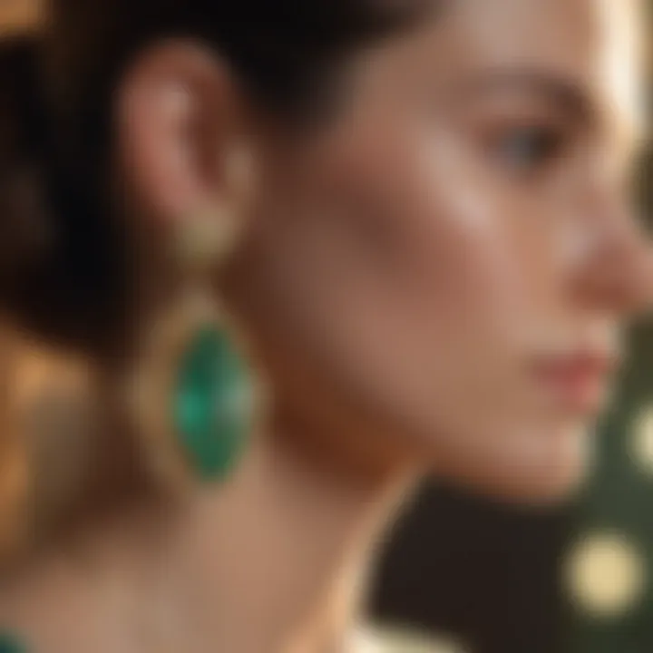 Elegant emerald earrings worn at a modern fashion event