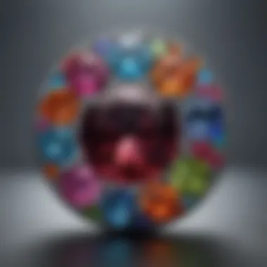 An artistic display of various colored gemstones arranged in a circle.